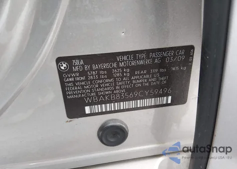 2009 BMW 750Li from USA, damaged, VIN WBAKB83569CY59496